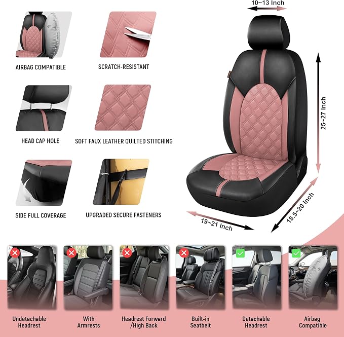 CAROMOP Luxury PU Leather Car Seat Covers Front Set, Anti-Stain Waterproof Automotive Seat Covers for Cars, Universal Car Interior Covers Seat Protectors for SUVs Pick-up Trucks(Dusty Rose)