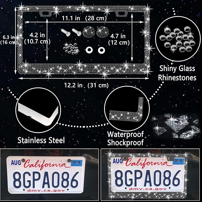 NBTEPEM 27 PCs Black Bling Car Accessories Set for Women, Steering Wheel Covers Universal Fit 15 Inch, Bling License Plate Frame, Bling Phone Holder, Bling Car Coasters (Black Diamond)