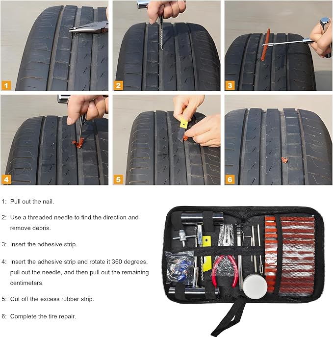 68 PCS Tire Repair Kit, Heavy Duty Car Emergency Tools to Fix Punctures and Plug Flats Patch, Universal Tire Puncture Repair Tool for Most Cars Motorcycles Trucks Tractors