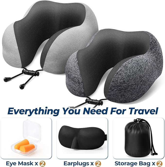 ExploreBliss Travel Pillow, 2 Pack Travel Pillows for Sleeping Airplane, Neck Pillow Airplane, Memory Foam Neck Pillow Set with Eye Mask, Earplugs and Storage Bag -Grey & Light Grey