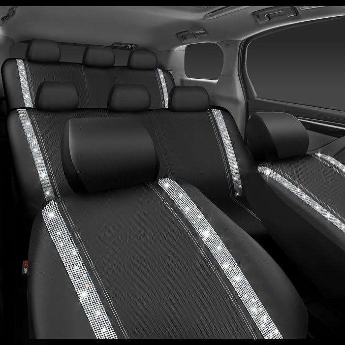 CAR PASS Bling Diamond Car Seat Covers, Shining Rhinestones Waterproof Faux Leather, 8 Seats 3 Rows with Zipper Glitter Crystal Sparkle Strips Universal Fit 95% MPV,SUV,CAR for Women Girl, Silver