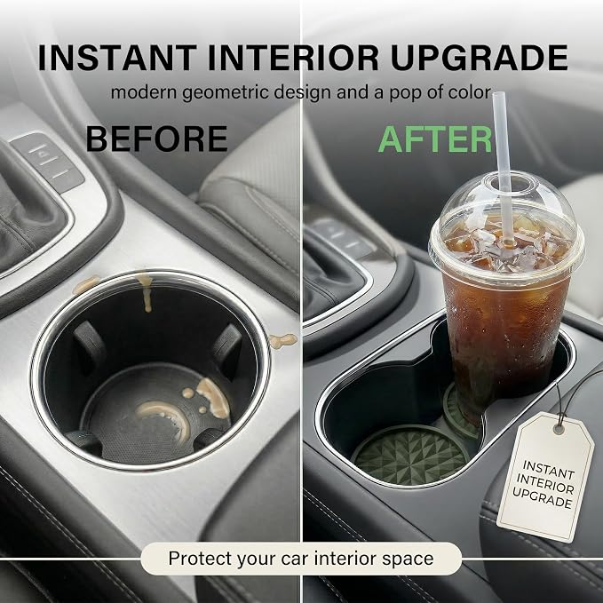 Car Coasters Silicone [4 Pack] 2.75in Universal Mats Non-Slip, Embedded Car Interior Accessories, Car Cup Holders Insert Coasters Decor, Camo Green