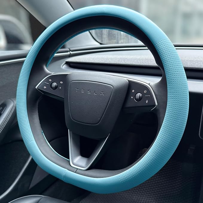 PINCTROT Nappa Leather Steering Wheel Cover for Tesla Model Y/3 Highland/Juniper, D Shaped 14 Inch Small Sized with Breathable Perforation, Fit Like Gloves, Flat Bottom 14 Inch(Nappa Aqua)