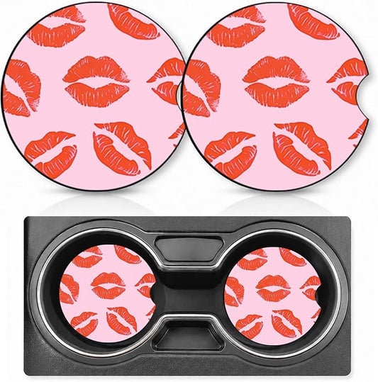 2PCS Red Lips Car Cup Holder Coasters Neoprene Car Coasters Universal | 2.75" Anti-Slip Rubber Mat with Finger Slot for Vehicle SUV Truck Sexy Cars Accessories Red Lips Gifts for Women Men