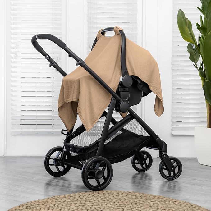 Comfy Cubs Baby Car Seat Cover - Soft, Breathable Bamboo Rayon and Muslin Cotton Blend - Lightweight Canopy for Sun, Bug, and Comfort Protection - Large Size Infant Seat Cover in Cedar Design