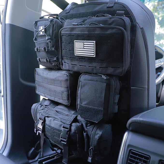 Universal Tactical Car Seat Back Organizer Bag Tactical Molle Vehicle Organizers Panel Vehicle Protector Organizers with 5 Detachable Pouches for Car (Upgraded C Black)