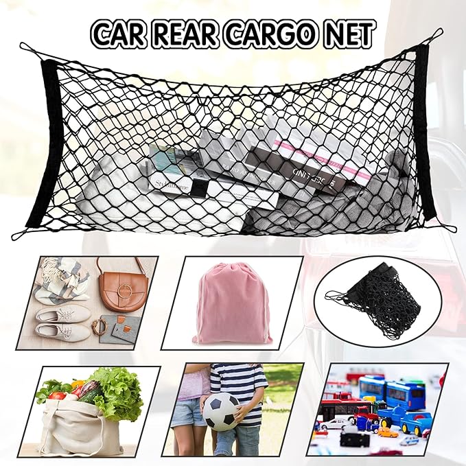 Tallew 2 Pcs Car Rear Cargo Net, Adjustable Elastic Mesh Cargo Net, 3 Pocket Heavy Duty Trunk Bed Storage Organizer, Universal for Car SUV Vehicle Pickup Truck with Accessories(43.3 x 15.7 Inches)