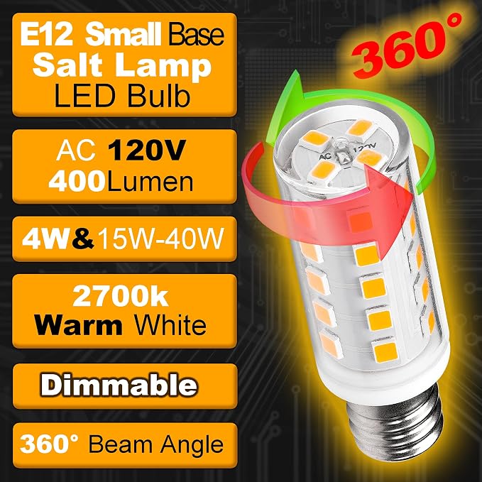 Dimmable E12 LED Bulb Himalayan Salt Lamp 4W Equivalent 15W 40W 2700K,4Pack | AC120V, 400lm, S6 C7 Candelabra Base, for Night Light Chandeliers Christmas Light Candle Lamp Dryer Bulbs, Warm White