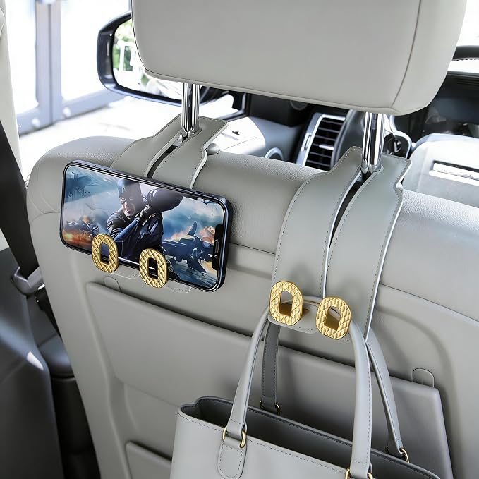 Car Headrest Hooks Universal Car Purse Hook Premium Leather and Alloy Twin Hook Car Seat Back Storage Hanger Hook for Purse Bags Cloth Drink Durable Holder Car Accessories (BH09-Grey-Gold)