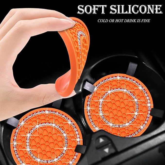 4PCS Bling Crystal Rhinestone Cup Holder Coaster, 2.75 inch Soft Silicone Anti-Slip Shockproof, Car Cup Holder Insert Coasters, Universal Car Interior Accessories for Women (Orange & White)