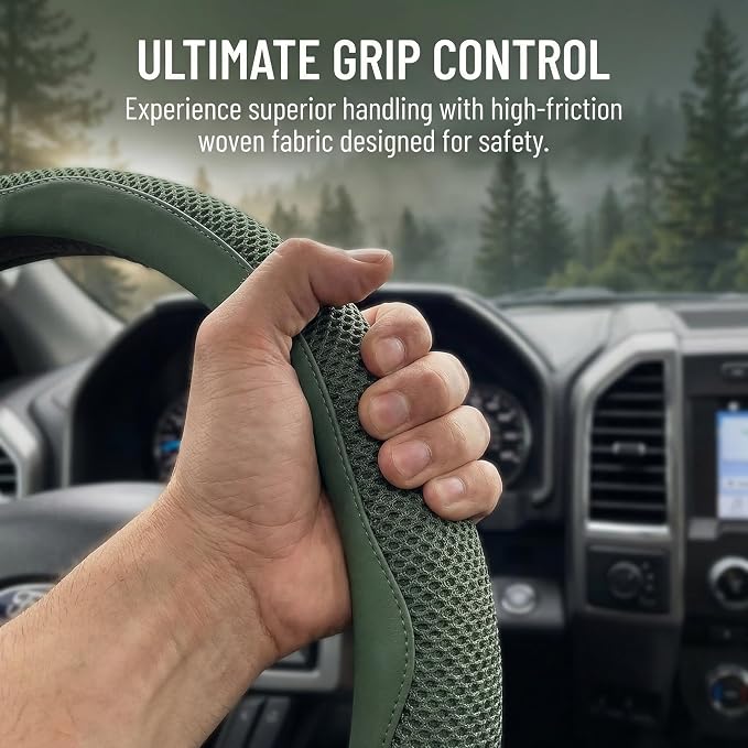 Car Steering Wheel Cover, Universal 15 inch, Green | Microfiber Leather, Breathable Technology Fabric, Non-Slip, Comfortable, Warm in Winter and Cool in Summer