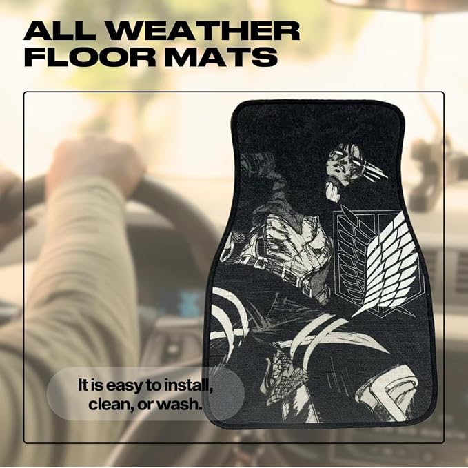 Anime Car Carpet Mat Set of 2 Front, AOT LEVI Design Automotive Accessories Interior All Weather Floor Mats Decor with Non Slip Black Anti Skid Backing