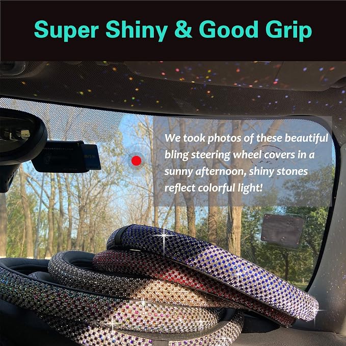 PINCTROT Large Size Bling Comfy Steering Wheel Cover with Jumbo Crystal Rhinestones, Anti-Slip Diamond Leather, 15.5-15.75 Inch (Gold)