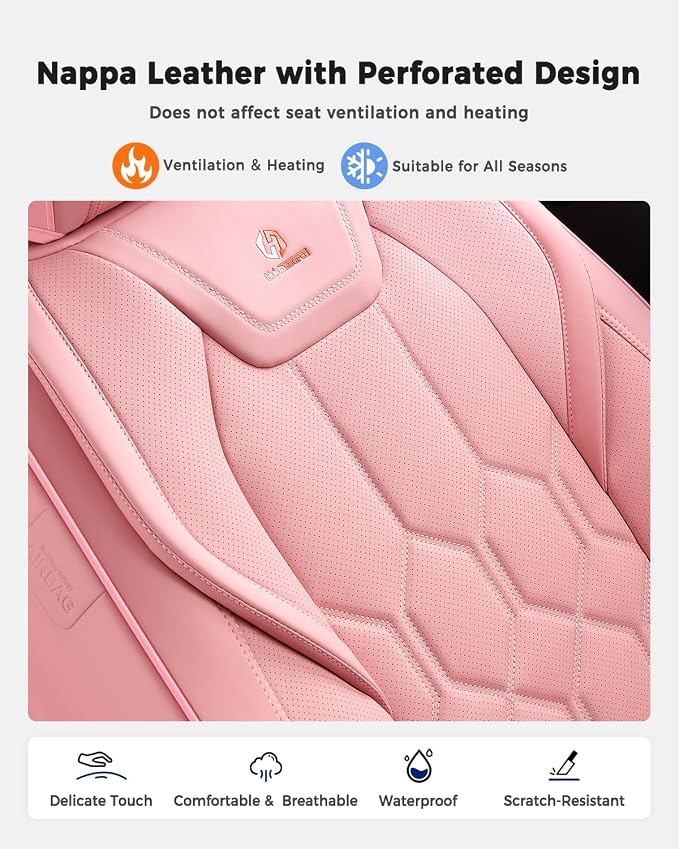 Huidasource Seat Covers Full Set, Universal Fit for Cars SUVs Trucks, Pink | Full Coverage Leather Car Seat Cover, Airbag, Cupholder Compatible, Seat Function Retain, Velcro Adjustable