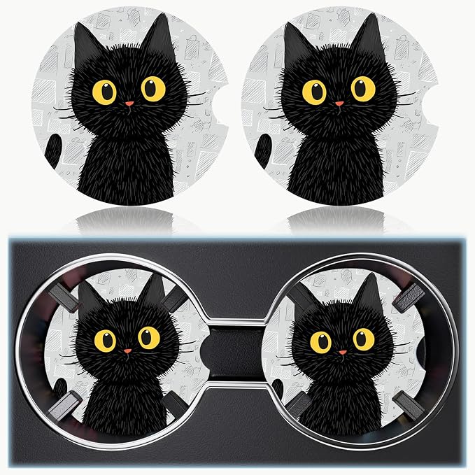 Car Cup Holder Coaster Set of 2, 2.56 in Ceramic Coasters, Scratch-Resistant Cork Backing, Finger Groove Design for Easy Placement, Cute Car Accessories Interior for Women (Black Cat)