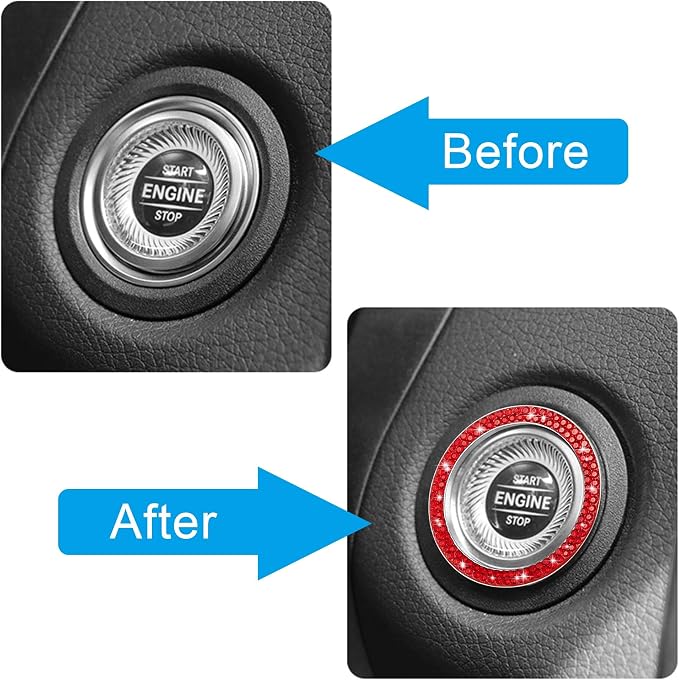 WINKA 2pcs Bling Car Engine Start Button Cover Diamond Crystal Push Start Stop Button Ring Sparkly Bling Ignition Button Cover Rhinestone Keyless Ignition Ring Universal Car Accessories (Red)