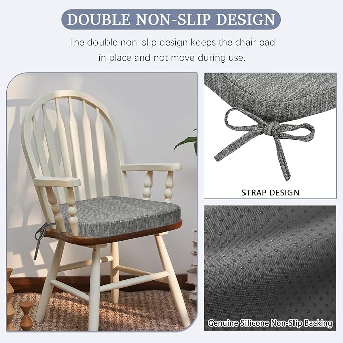 baibu Kitchen Chair Cushions, Dual-Layer Patented Design Molded Memory Foam Dining Chair Pads with Ties and Washable Cover, 17" x 16" x 2", Grey
