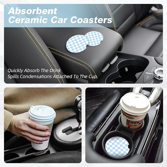 Blue and White Checkered Car Coasters for Cup Holders,2 Pack Car Cup Holder Coasters for Car,Ceramic Absorbent Car Coaster with A Finger Notch and Cork Base,Car Interior Accessories for Women Men
