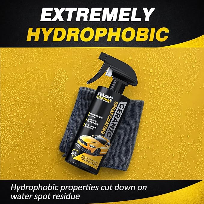 Hydrophobic Ceramic Coating Spray 16oz | UV & oxidation resistance, water beading, high gloss, safe for paint glass plastic wheels, easy rinse wipe, resists dirt