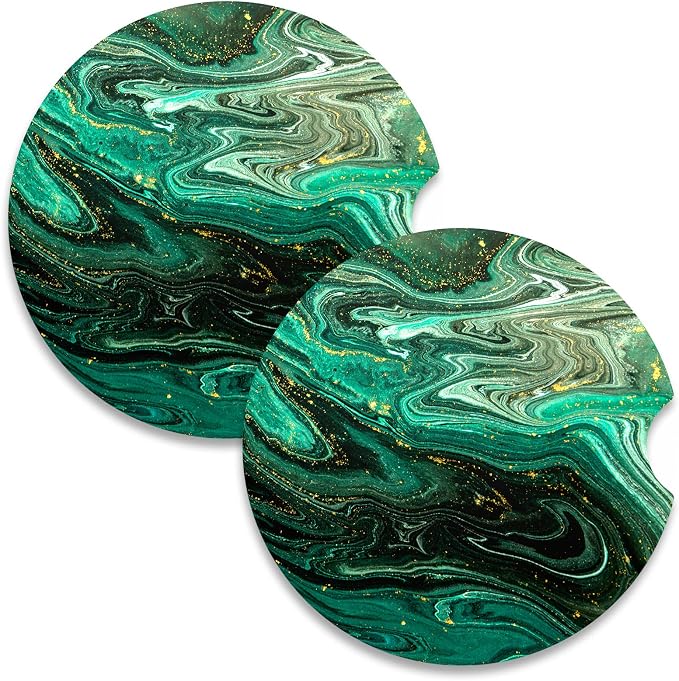 Nipichsha Car Coasters for Cup Holders, 2 Pack Absorbent Ceramic Car Cup Holder Coaster for Drinks, Cute Auto Assecories for Women Men, Size 2.56 in with Finger Notch & Cork Base, Green Gilt Marble