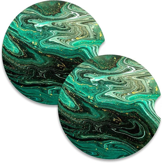 Nipichsha Car Coasters for Cup Holders, 2 Pack Absorbent Ceramic Car Cup Holder Coaster for Drinks, Cute Auto Assecories for Women Men, Size 2.56 in with Finger Notch & Cork Base, Green Gilt Marble