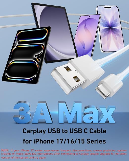Car Carplay Cable for iPhone 17/17 Pro/Air/17e/16/15 Pro Max Charger Cord | 2Pack USB A to USB C for CarPlay USBC Cable, iPad, Galaxy, Android Phone Accessories Charging Wire Type-C Car Charger Cord
