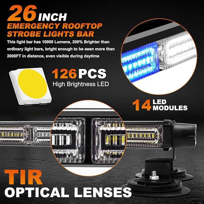 ASPL 26inch 126 LED Rooftop Emergency Strobe Lights Bar Double Side Flashing Safety Warning Traffic Advisor Light Bar Hazard Snow Plow Light for Trucks Vehicles Construction Tow Pickup(Blue/White)