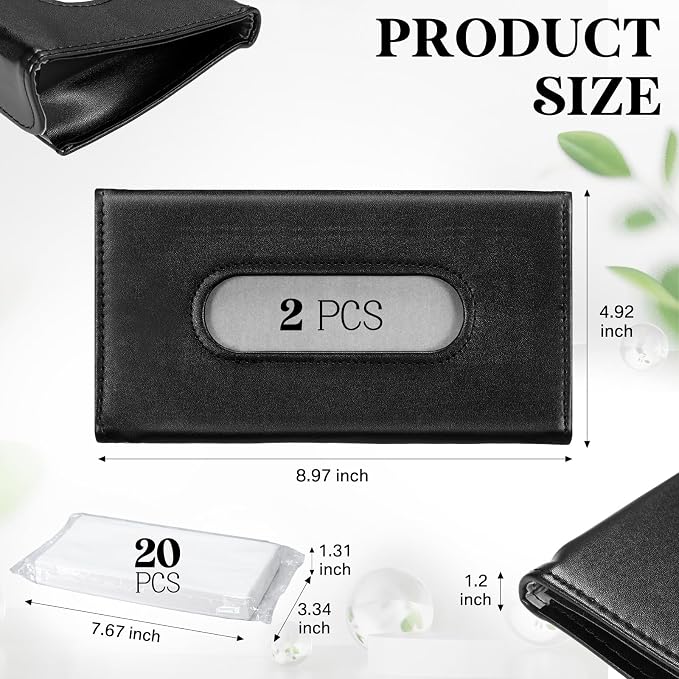 2 Pcs Black Car Tissue Holder with 20 Packs Tissue Refill Sun Visor Napkin PU Leather Backseat Napkin Mask Case Holder for Auto Accessories