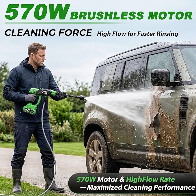 Cordless Portable Cleaning Tool with 2×4000mAh Batteries & Power Display | 6-in-1 Nozzle & 16.4FT Hose – Lightweight Handheld Power Cleaner for Car, Driveway, Garden, Patio, Fence