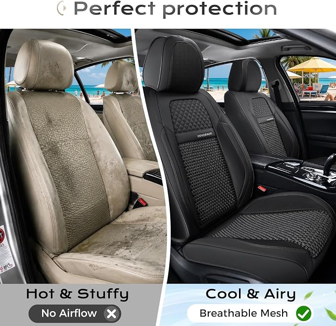 Coverado Leather Front Seat Covers, 2-Pack Universal Waterproof Breathable Leather Woven Leatherette Seat Cushions, Auto Car Seats Protectors, Fit for Most Vehicles-Blackpure