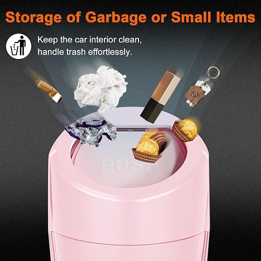 Car Trash Can, 2 Packs Mini Car Trash Bin with Lid, Leakproof Cup Holder Car Garbage Can with 60 Trash Bags, Vehicle Front Back Seat Organizers and Storage for Car, Home, Office, Pink