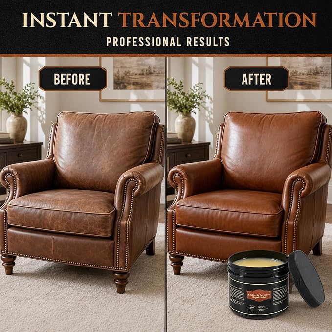 Leather Conditioner and Cleaner Balm for Furniture, Couch, Car Seats, Boots and Bags - Professional Leather Restorer with Natural Beeswax - Deeply Nourishes, Protects and Restores Shine (8oz)