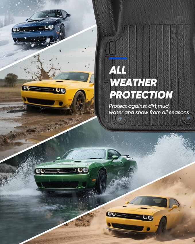 Car Floor Mats for Dodge Challenger RWD 2011-2023 5PCS Full Set | All Weather Full Coverage Floor Liners Heavy Duty Waterproof Long-Lasting Challenger Accessories TPE Rubber Carpet