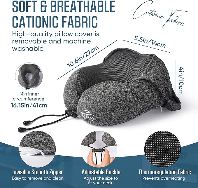 SkytraxComf® Travel Neck Pillow with Hood for Privacy on Long Flights | Memory Foam | Airplane Sleep | Safety-Tested Materials | Extra Large Hood | Chin Support | Earplugs | Washable Cover