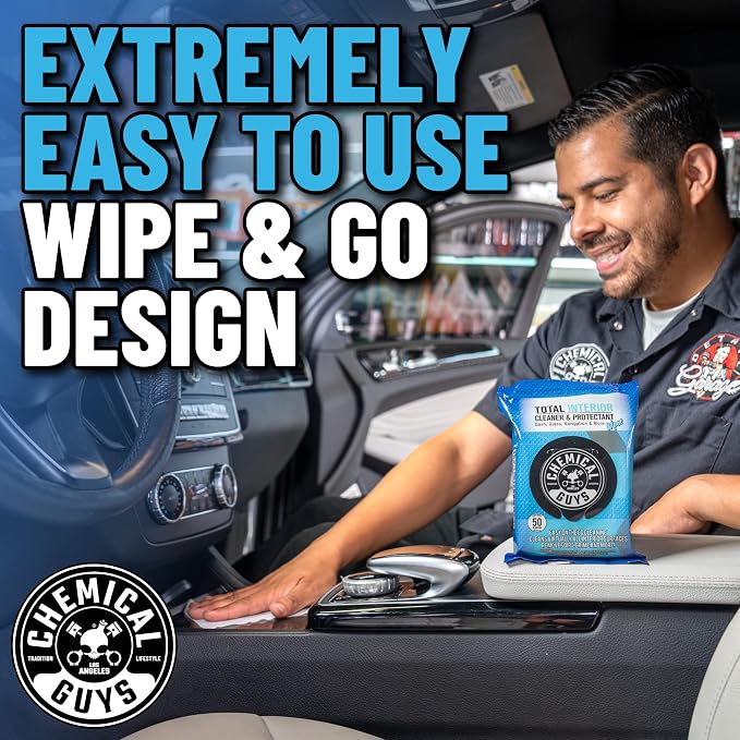 Chemical Guys, Total Interior Cleaner & Protectant Wipes, Multi-Use, 50 Ct | Multi-surface wipes clean dashboards, doors, seats and trim on the go, fifty per pack for quick interior touch-ups