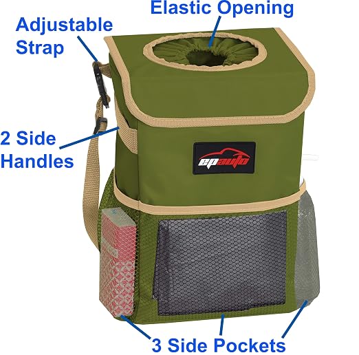 EPAuto Waterproof Car Trash Can with Lid and Pockets, 2.5 Gal, Green | Leakproof, Collapsible Multipurpose Car Bin with 3 Side Storage Pockets, Adjustable Straps