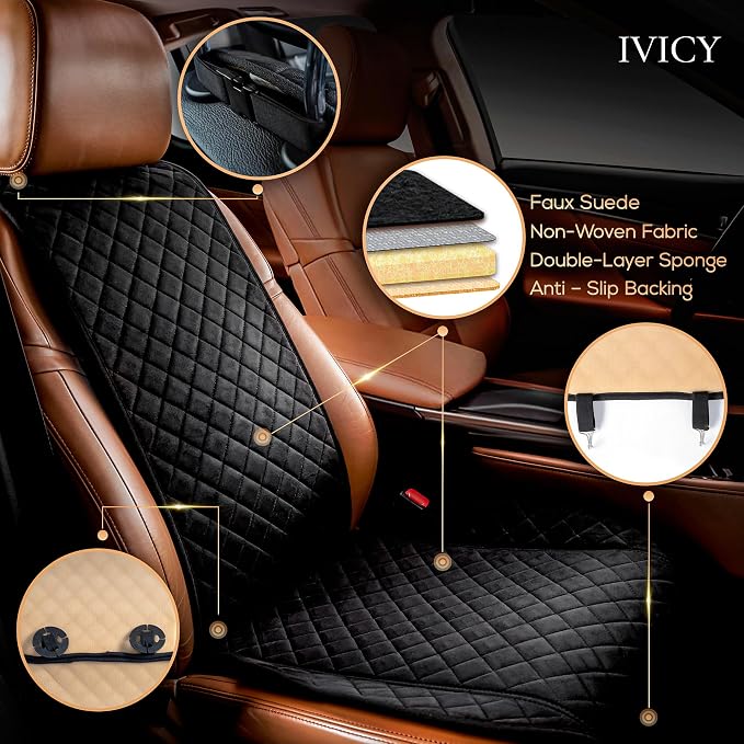 IVICY Faux Suede Front Car Seat Cover – Non-Slip Bucket Seat Protector for Most Cars, SUVs, Vans & Trucks – 1 Seat Cover, Machine Washable, Side-Airbag Friendly, Black