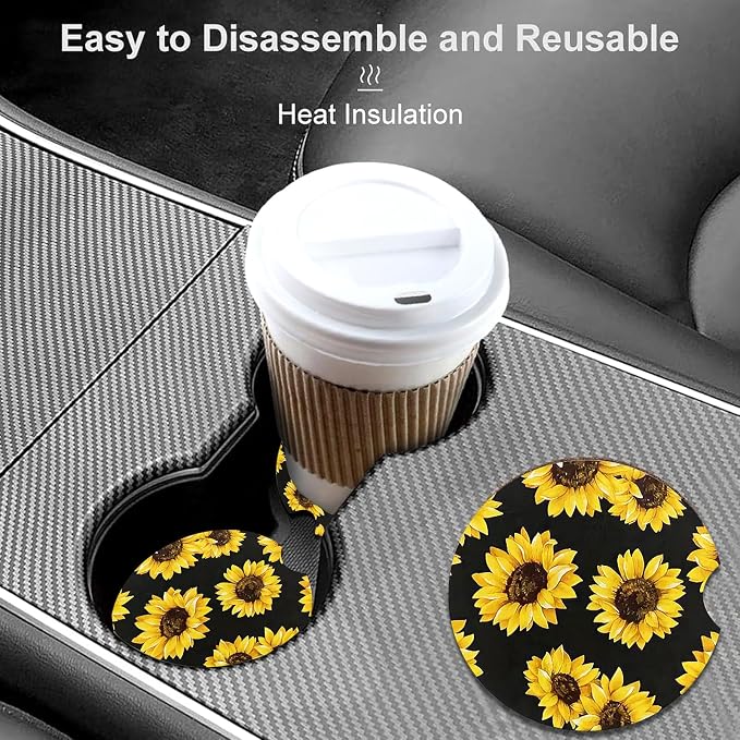 2 PCS Sunflower Leopard Car Cup Holder Coasters Universal Neoprene Coasters | 2.75" Universal Size Anti Slip Rubber Mat, Auto Cup Holder Decor for SUV Truck,Sunflowers Gifts for Women Mom Her Wife