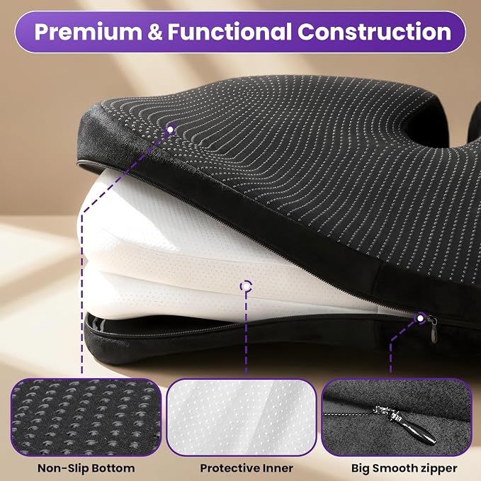 ZZ-WELL Seat Cushion for Office Chairs, Black, 21.2 Inches | Coccyx Cushion for Tailbone Pain, Memory Foam, Extra Large Thick, Patented Pressure Relief, Computer Gaming Chair