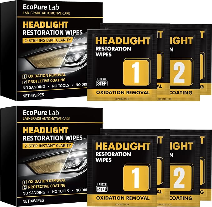 2-Step Headlight Restoration Wipes–No Sanding Car Headlight Restoration Kit with Oxidation Remover&Ceramic Coating,UV Protection,Restore Clear Polycarbonate Lenses(2 Pack)