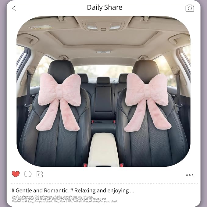 Car Neck Pillow 2PCS Plush Bowknot Car Headrest Pillow – Comfortable Neck Support for Driving Soft Touch Fabric Car Pillow Cute Interior Decor (Pink)