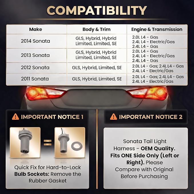 92450-3Q000 Tail Lamp Holder and Wiring with 8 Halogen Bulbs, 1 Pack | Compatible with Hyundai Sonata 2011 2012 2013 2014, Exterior, Rear