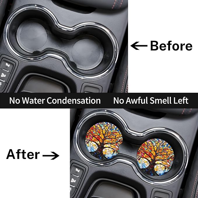 Tree of Life Art Car Cup Holder Coasters 2 Pack 2.63" for Women | Glass Universal Anti Slip Ceramic Absorbent Coaster with Cork Base and Finger Notch Cute Car Accessories Interior