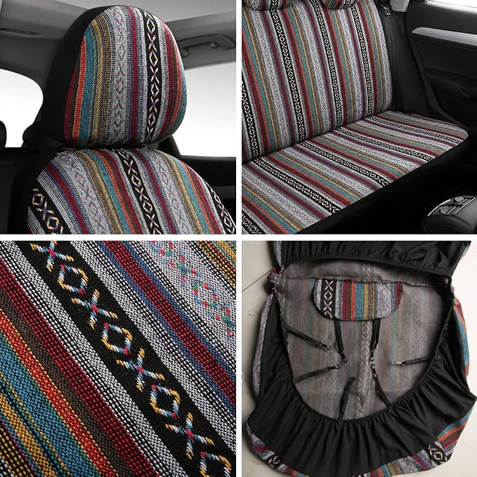 Baja Saddle Blanket Car Seat Covers 9PCS Full Set, Breathable and Washable Striped Woven Automotive Vehicle Seat Cover, Universal Seat Cover for Sedan, SUV, Truck, Airbag Compatible
