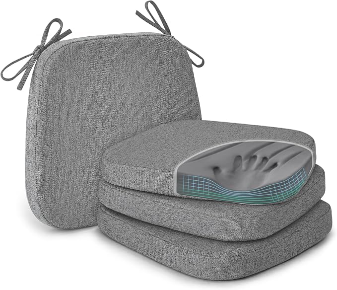 Shinnwa Kitchen Chair Cushions Set of 4, Patented Design Memory Foam Dining Chair Pads with Ties and Washable Cover, 4 Pack, 17" x 16" x 2", Dark Grey