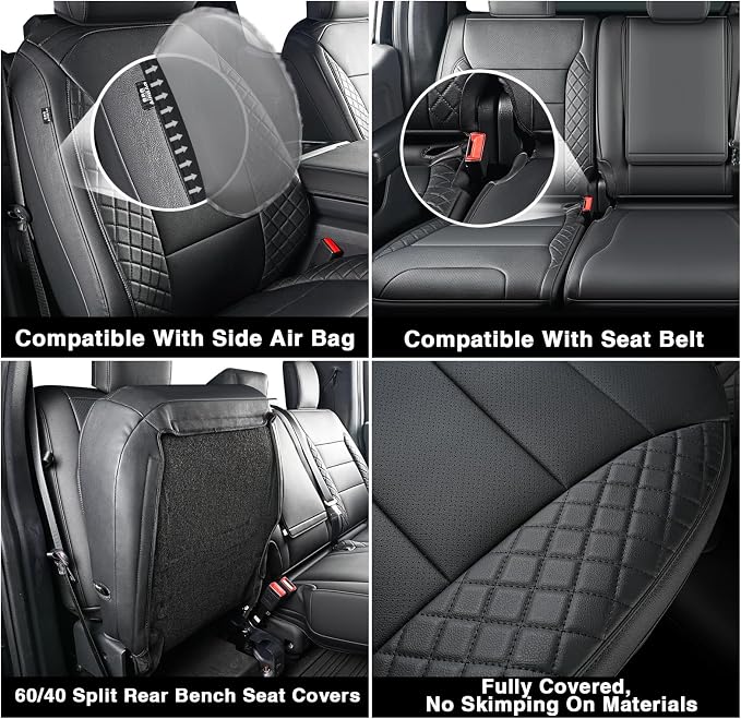 F150 Seat Covers, Custom Fit for Ford 2021-2026 F 150 XL XLT STX Super Crew Cab, 2023-2026 F250 F350 F450 XL XLT Crew Cab, Truck Seat Cover Full Set, Pickup Accessories, Leather, Black
