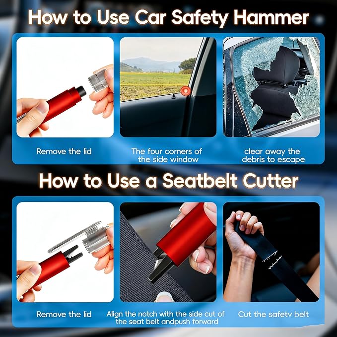 Car Window Breaker & Seatbelt Cutter, 2-in-1 Emergency Escape Tool, Auto Glass Breaker Spring Loaded Safety Hammer for Sinking Cars, Flood Rescue, Locked Doors, New Cars & Family Travel 4PCS