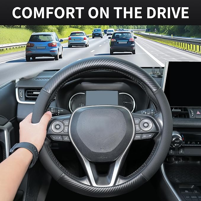 Uxcer Carbon Fiber Leather Steering Wheel Cover, Universal 14.5–15 Inch Non-Slip Breathable Steering Wheel Cover for Cars, Carbon Fiber
