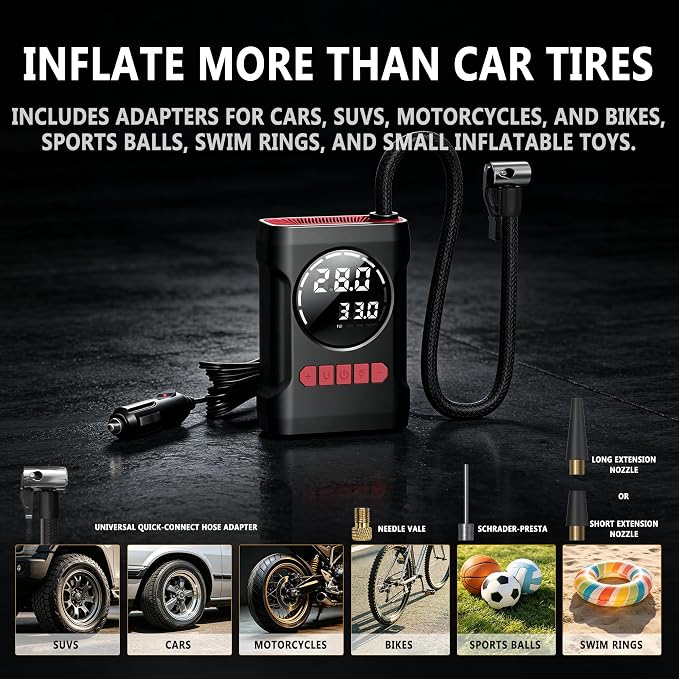 ROCGORLD R6 12V DC Tire Inflator Portable Air Compressor, Car Air Pump with Dual Digital Display, Preset Pressure, Auto Shut-Off, 3 Light Modes, Plug-In Tire Pump for Cars, Motorcycles, Bikes, Balls