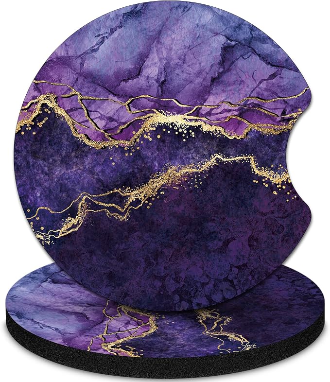 2 Pack Car Coasters，2.75-inch Neoprene Non-Slip Cup Holder Coasters for Car，Cute Car Interior Accessories for Men and Women，Purple Marble